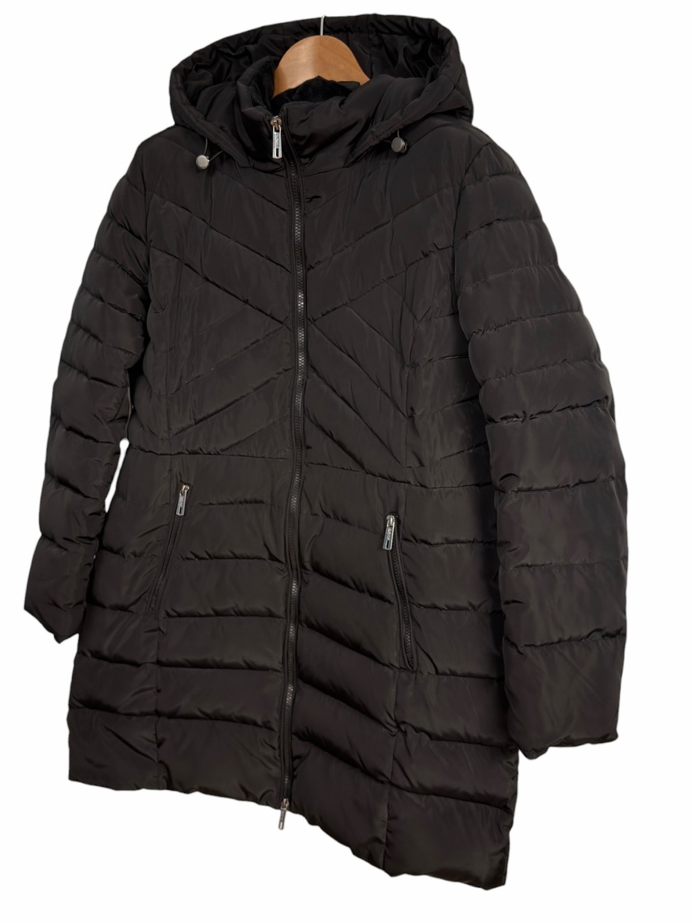 Kenneth Cole Reaction Black Hooded Long Puffer Coat Quilted Zip Jacket Large - Picture 2 of 8